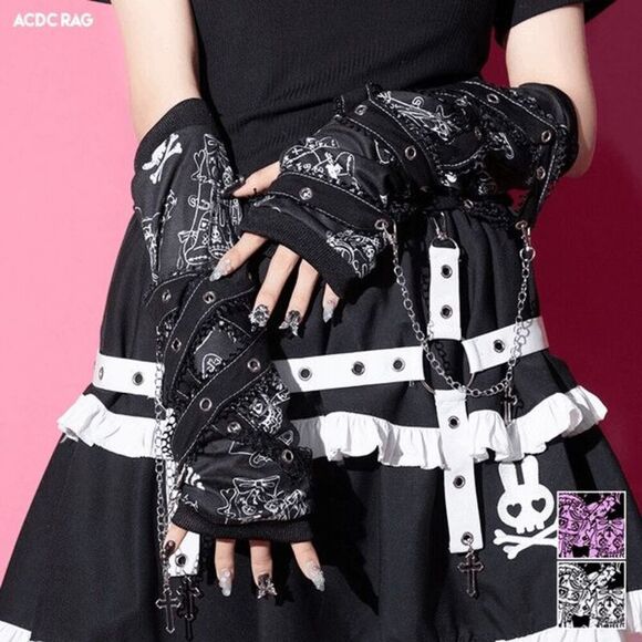 Goth Emo Punk Bunny Rabbit Harajuku Arm Warmers Blk/Wht - Picture 1 of 3